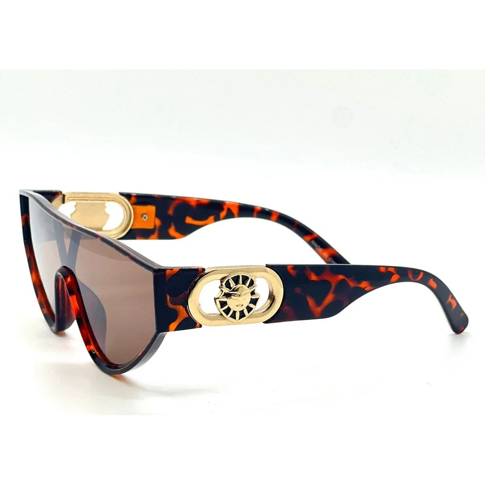 Flat Top One Piece Shield Round Bottom Side Coin Hip Hop Sunglasses Tortoise New